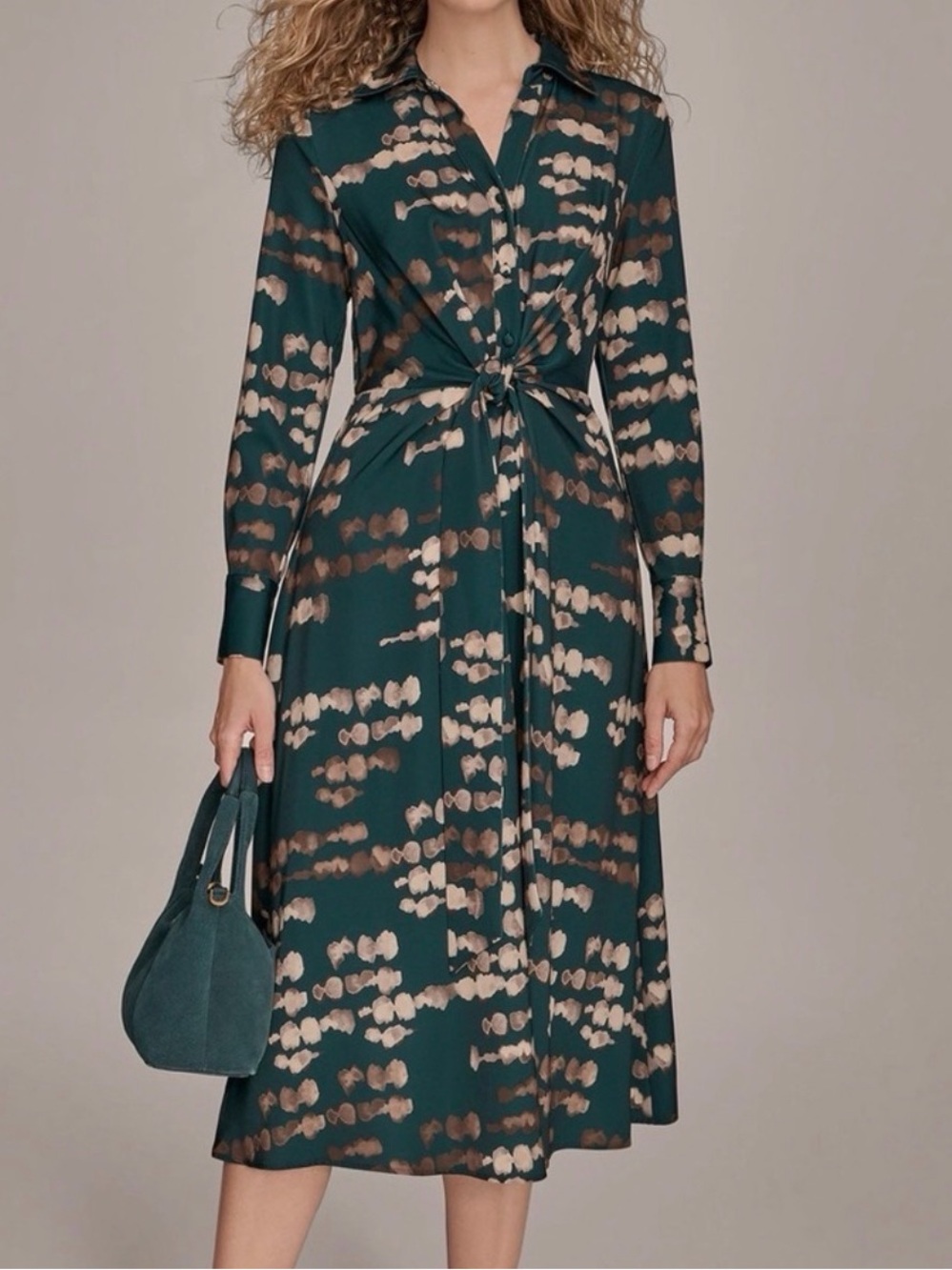 Donna Karan Dark Green & Gold Printed Long-Sleeve Dress